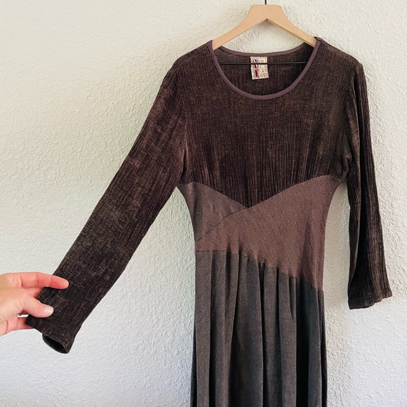 Vintage Knit Neil & David Patchwork Mixed Fabric Brown Midi Dress - Picture 2 of 8